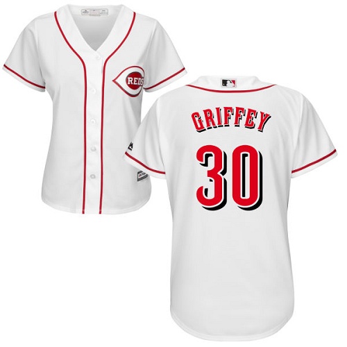 Reds #30 Ken Griffey White Home Women's Stitched MLB Jersey - Click Image to Close